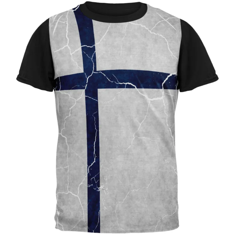 Distressed Finland Flag All Over Mens Black Back T Shirt sold by Old Glory