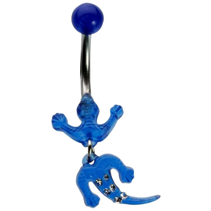14G 3/8 Blue UV Dangle Lizard and Gem Curved Barbell made by Old Glory