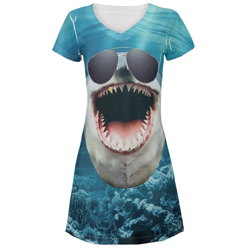 Big Goofy Shark In Sunglasses All Over Juniors Beach Cover-Up Dress sold by Old Glory