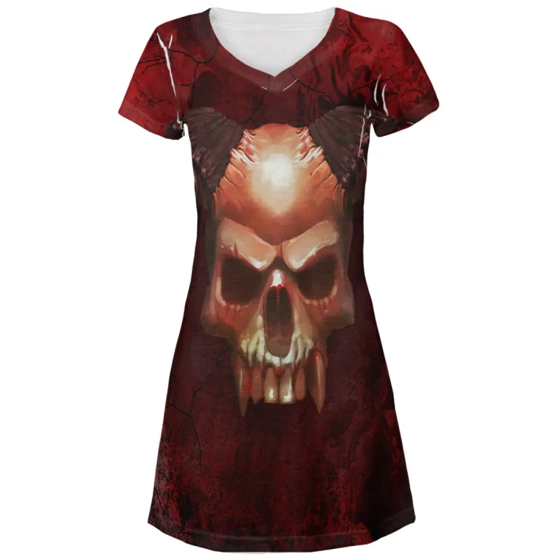 Halloween Horned Demon Skull From Hell Juniors V-Neck Beach Cover-Up Dress sold by Old Glory