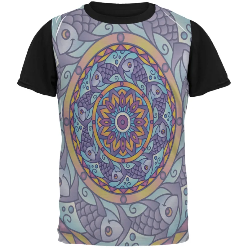 Mandala Trippy Stained Glass Fish All Over Mens Black Back T Shirt sold by Old Glory