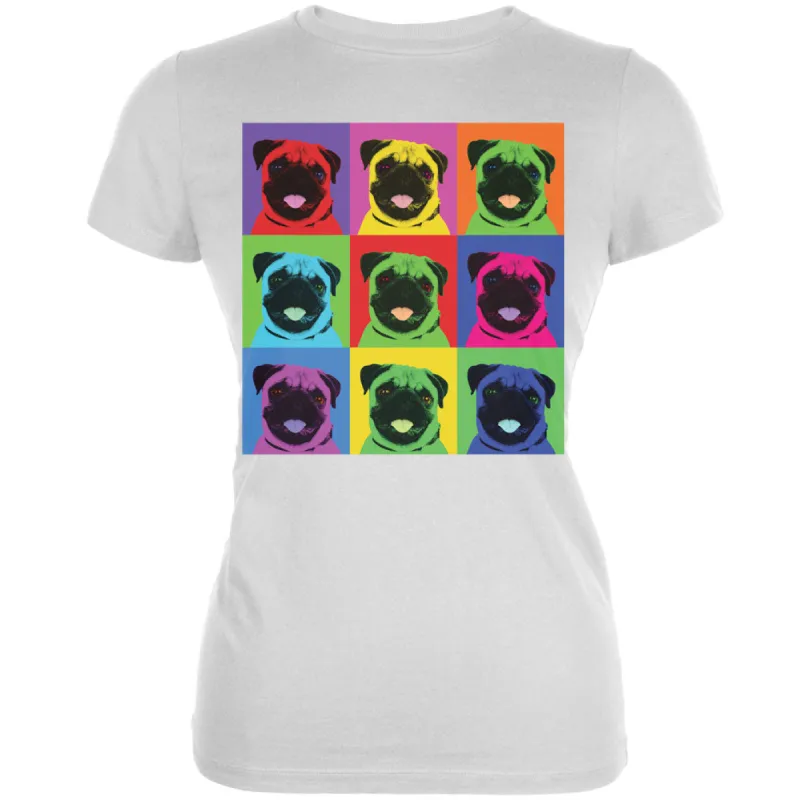 Pug Pop Art Repeating Squares White Juniors Soft T-Shirt sold by Old Glory