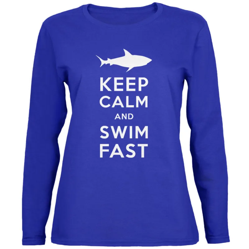 Shark Keep Calm and Swim Fast Womens Long Sleeve T Shirt sold by Old Glory
