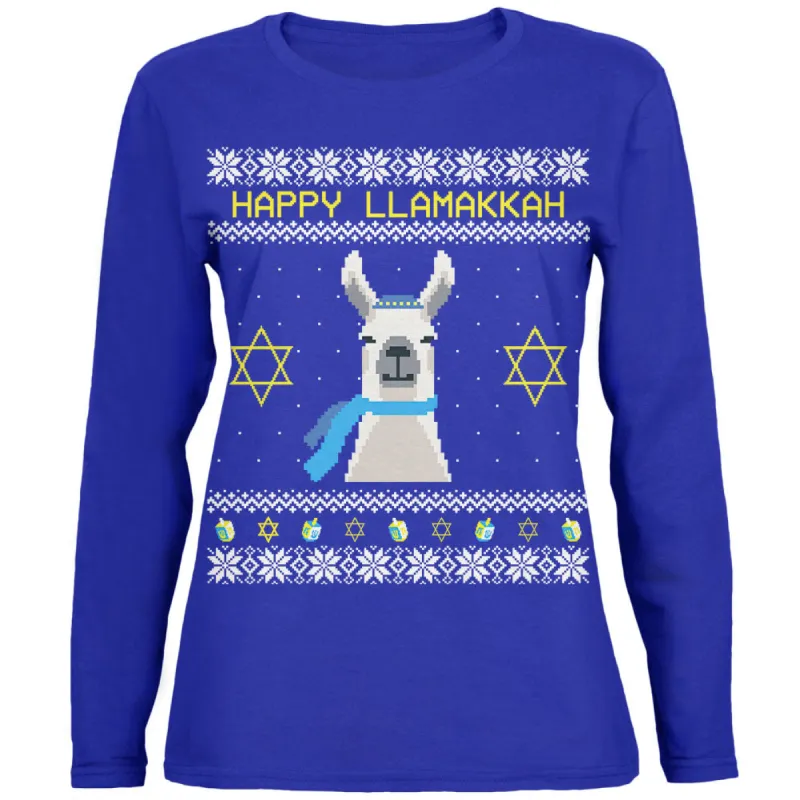 Llama Llamakkah Ugly Hanukkah Sweater Royal Womens Long Sleeve T Shirt sold by Old Glory