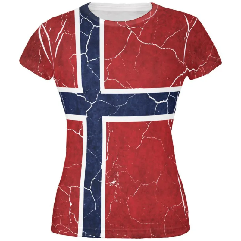 Distressed Norwegian Flag All Over Juniors T Shirt sold by Old Glory