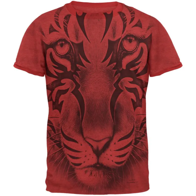 Tribal Tiger Ghost Heather Red Men's Ringer T-Shirt sold by Old Glory