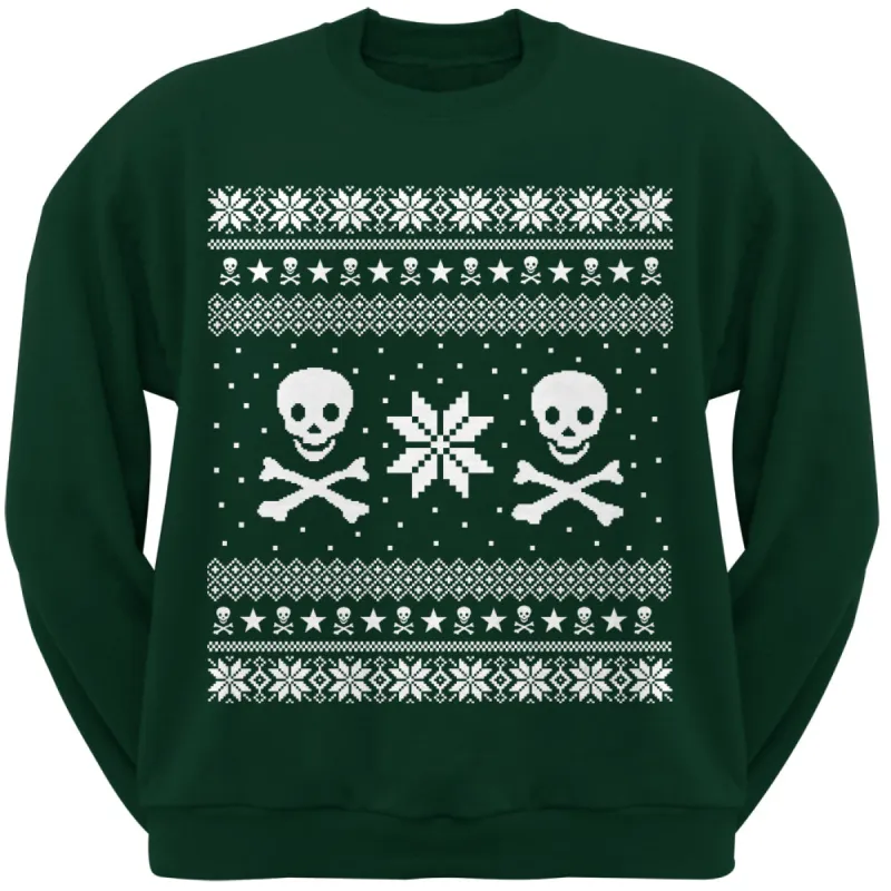 Skull & Crossbones Ugly Christmas Sweater Adult Dark Green Crew Neck Sweatshirt sold by Old Glory