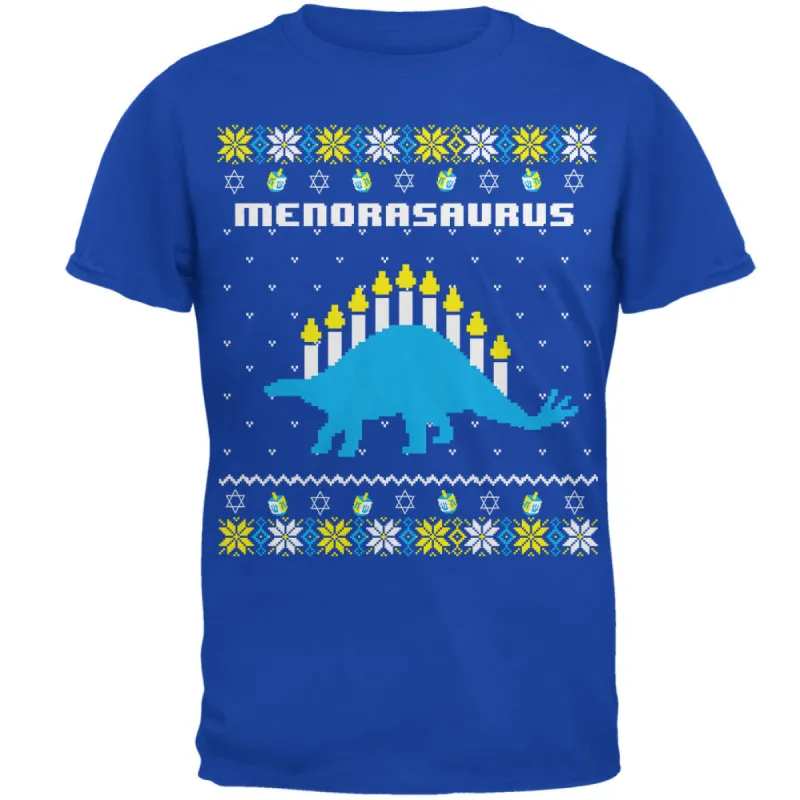Hanukkah Ugly Sweater Menorasaurus Menorah Stegasaurus Mens Soft T Shirt sold by Old Glory
