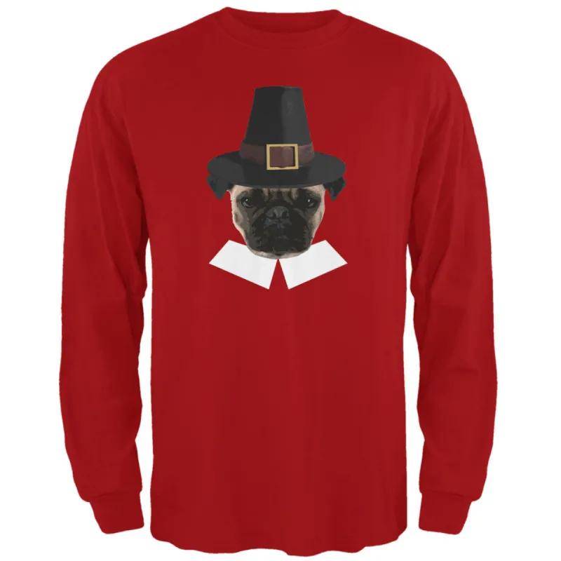 Thanksgiving Funny Pug Pilgrim Red Adult Long Sleeve T-Shirt sold by Old Glory
