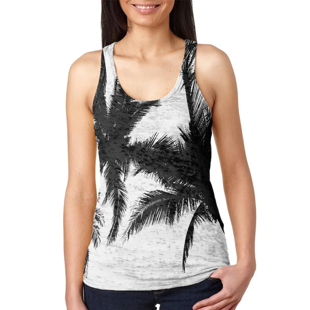 Black And White Palm Tree Silhouette Juniors Burnout Racerback Tank Top sold by Old Glory