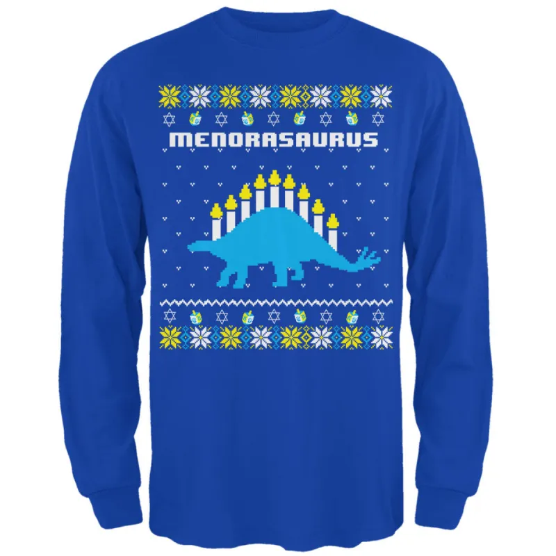 Hanukkah Ugly Sweater Menorasaurus Menorah Stegasaurus Mens Long Sleeve T Shirt sold by Old Glory