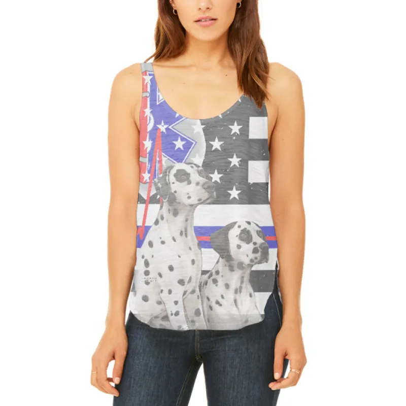 Firefighter EMT Dalmatian Live Forever Thin Red Line Flag Juniors Flowy Side Slit Tank Top sold by Old Glory