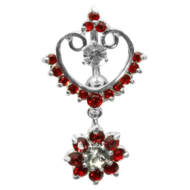 14G 7/16 Heart Gem Holder Curved Barbell with Gem Flower Dangle made by Old Glory