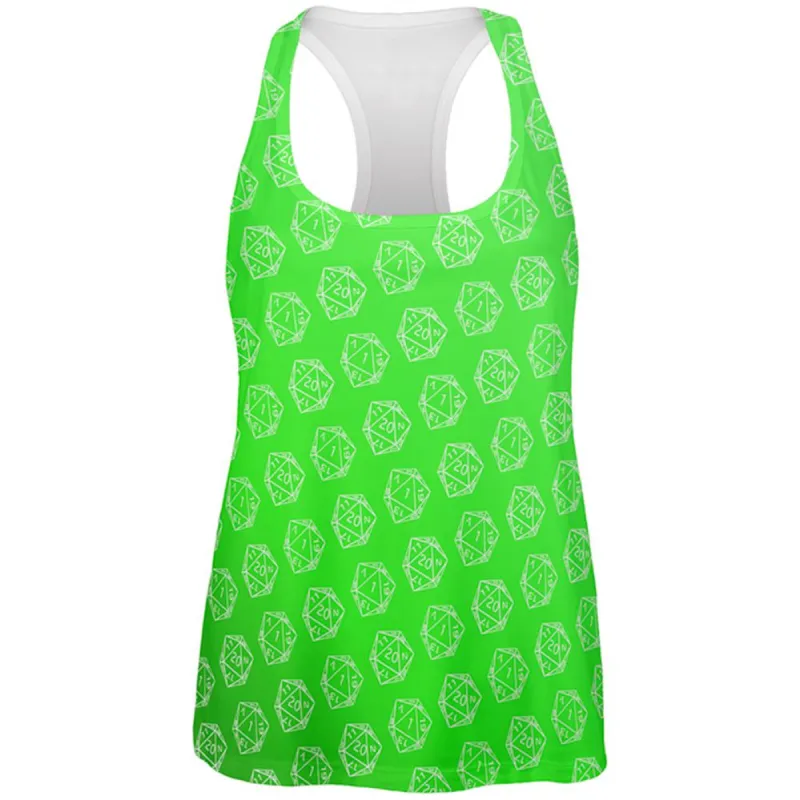 D20 Gamer Critical Hit and Fumble Green Pattern All Over Womens Work Out Tank Top sold by Old Glory