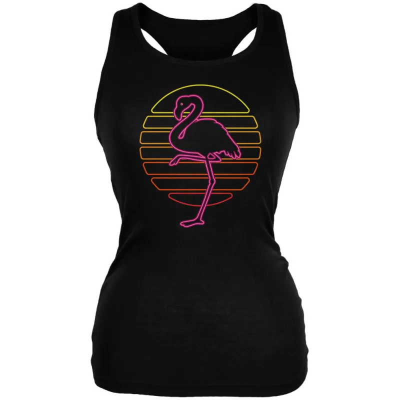 Retro 80s Neon Sign Flamingo Sunset Juniors Soft Tank Top sold by Old Glory