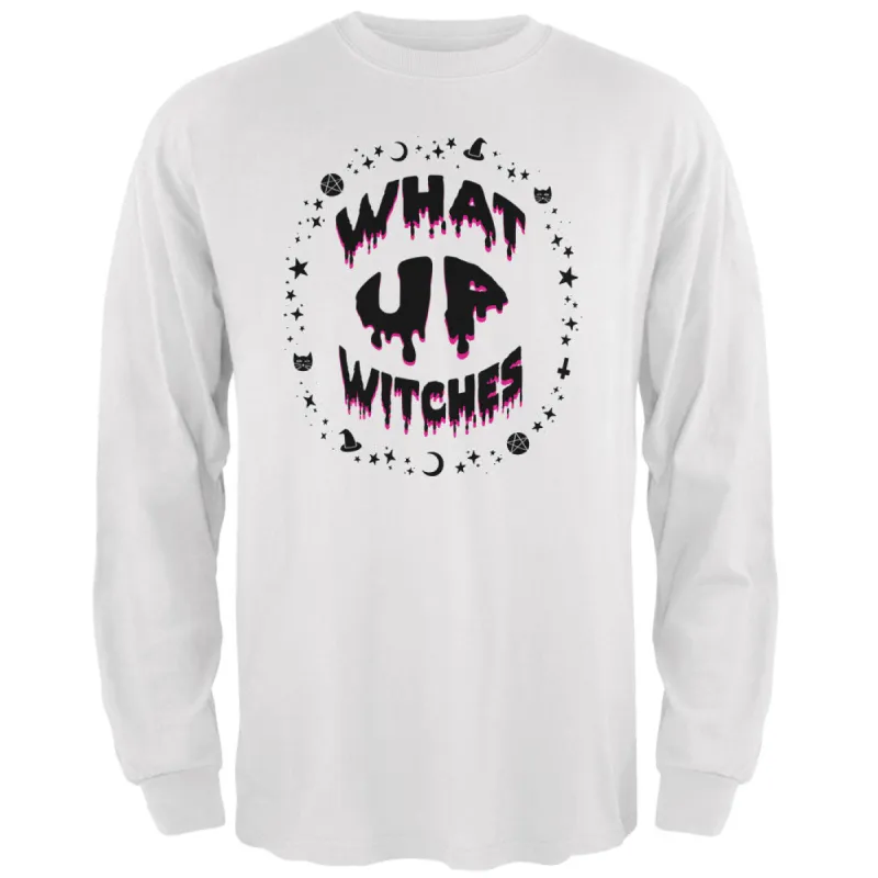 Halloween What Up Witches Witchy Elements Black Text Mens Long Sleeve T Shirt sold by Old Glory