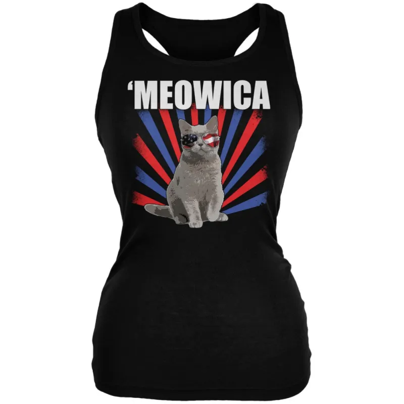 4th of July Meowica Black Juniors Tank Top sold by Old Glory