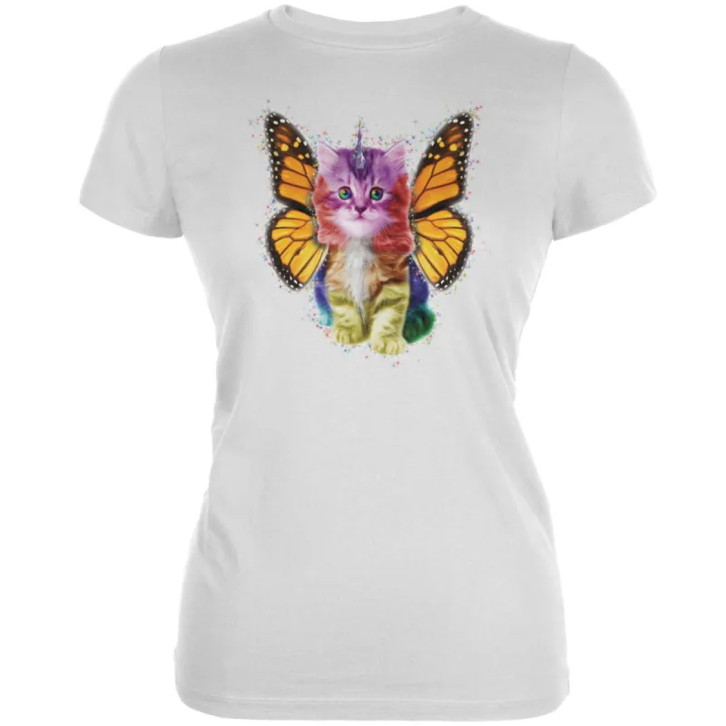 Rainbow Butterfly Unicorn Kitten White Juniors Soft T-Shirt sold by Old Glory