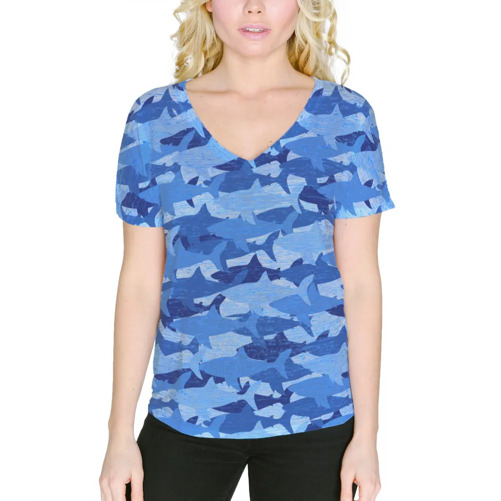 Great White Shark Camo Women's Slouchy V-Neck T Shirt sold by Old Glory