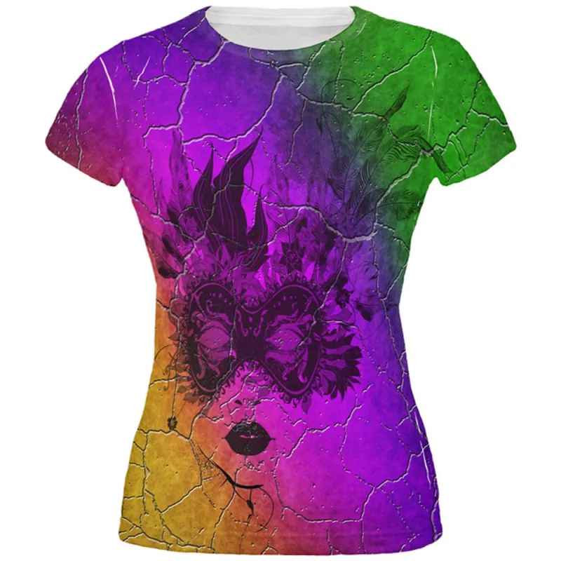 Mardi Gras Party Mask Distressed Grunge Flag All Over Juniors T Shirt sold by Old Glory