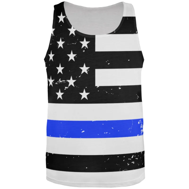 Distressed Thin Blue Line American Flag All Over Mens Tank Top sold by Old Glory