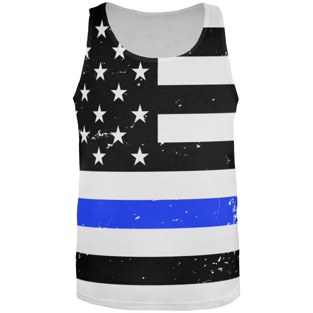 Distressed Thin Blue Line American Flag All Over Mens Tank Top sold by Old Glory