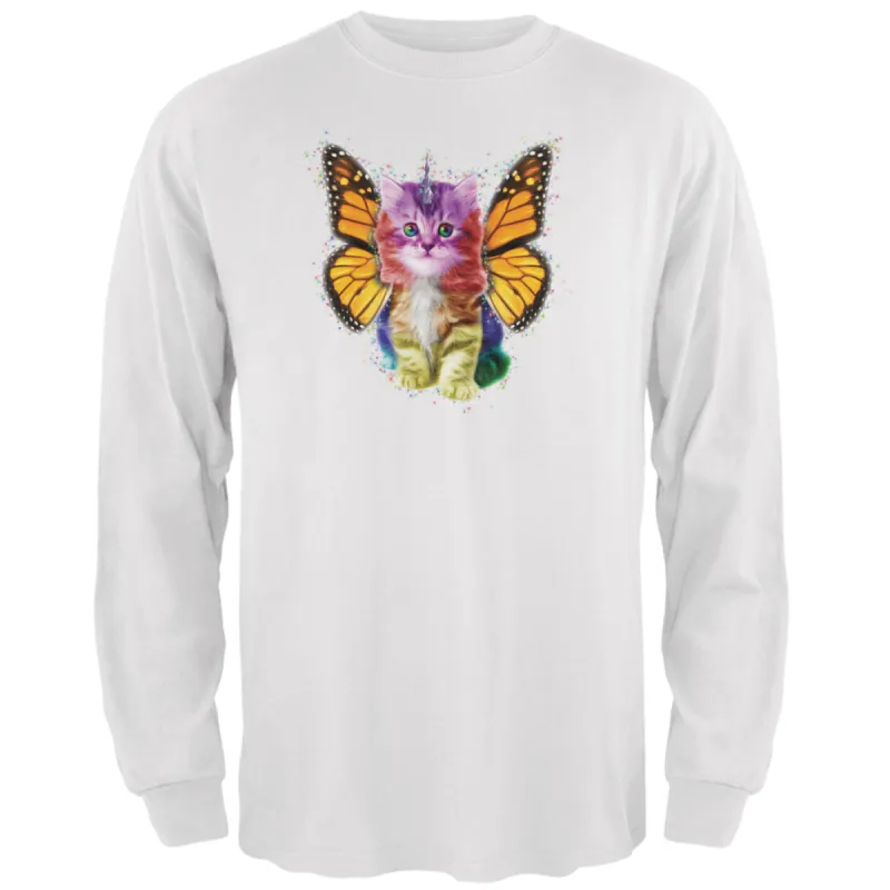 Rainbow Butterfly Unicorn Kitten White Adult Long Sleeve T-Shirt sold by Old Glory