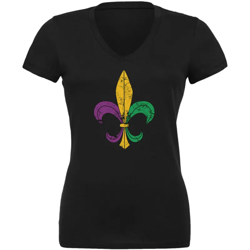 Mardi Gras Fleur De Lis Distressed Juniors V-Neck T Shirt sold by Old Glory