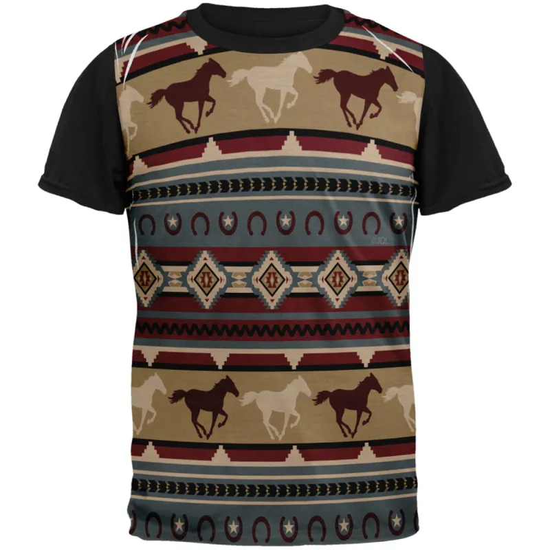 Southwestern Wild Horses Pattern All Over Mens Black Back T Shirt sold by Old Glory