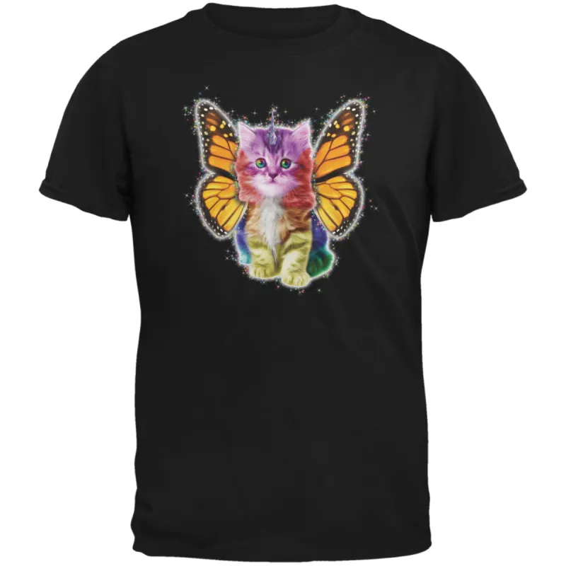 Rainbow Butterfly Unicorn Kitten Black Adult T-Shirt sold by Old Glory