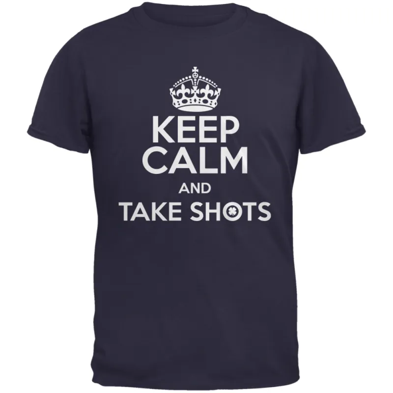 Keep Calm Take Shots Navy Adult T-Shirt sold by Old Glory