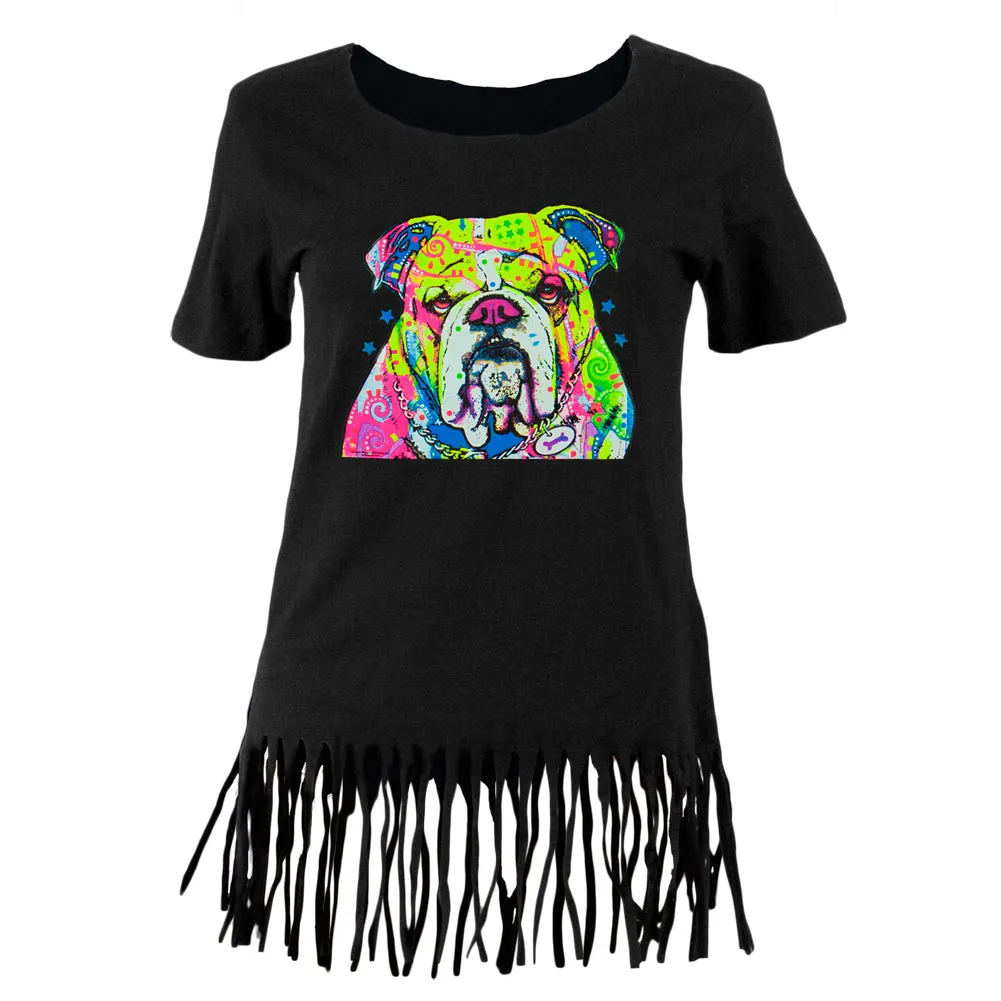 The Bulldog Neon Black Light Juniors Fringe Top sold by Old Glory