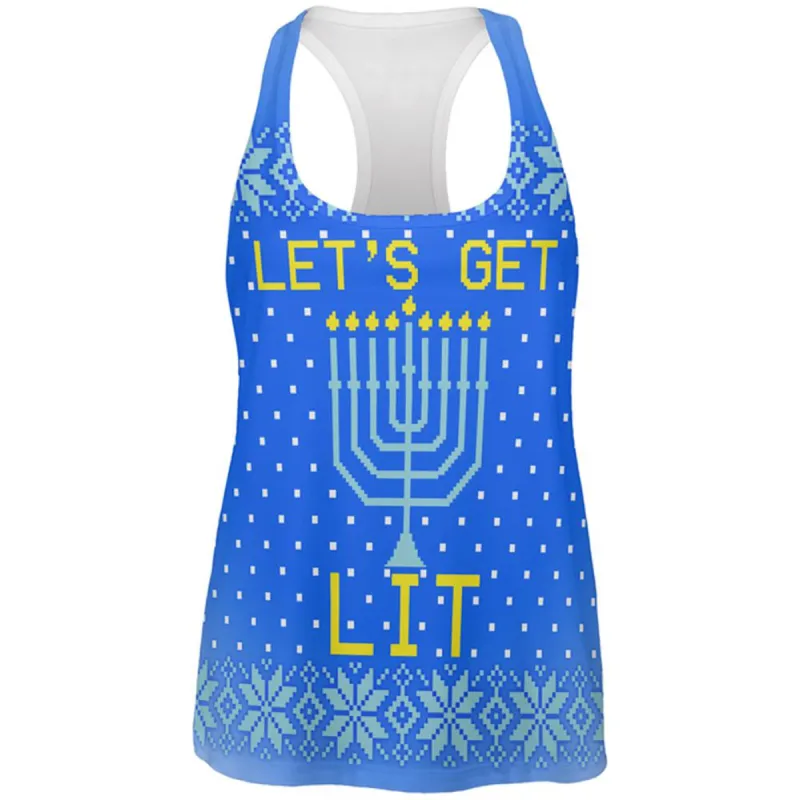 Ugly Christmas Sweater Let's Get Lit Menorah Hanukkah All Over Womens Work Out Tank Top sold by Old Glory