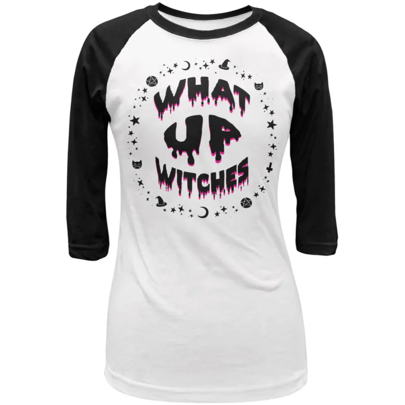 Halloween What Up Witches Black Text Juniors 3/4 Sleeve Raglan T Shirt sold by Old Glory