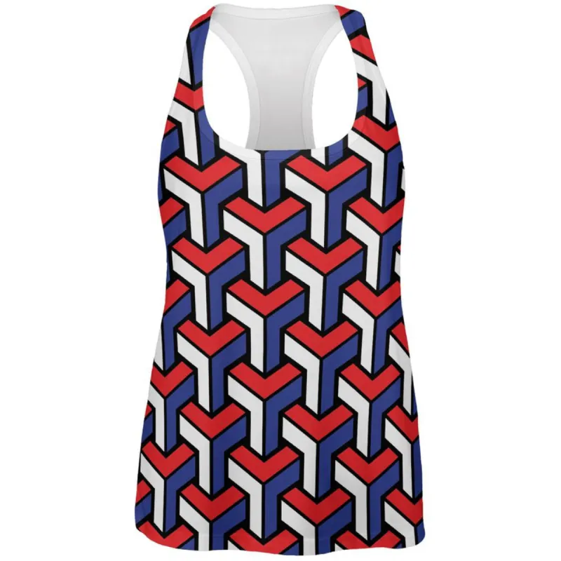 4th of July 3d Red White & Blue Blocks All Over Womens Racerback Tank Top sold by Old Glory