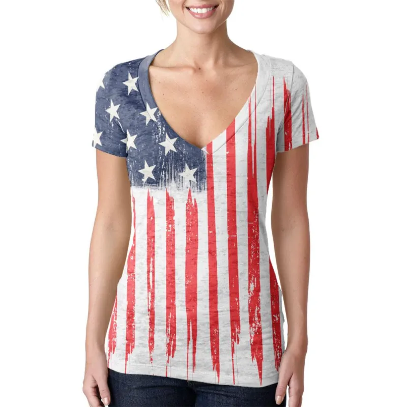 4th of July Distressed Brushed American Flag Juniors Burnout V-Neck T-Shirt sold by Old Glory