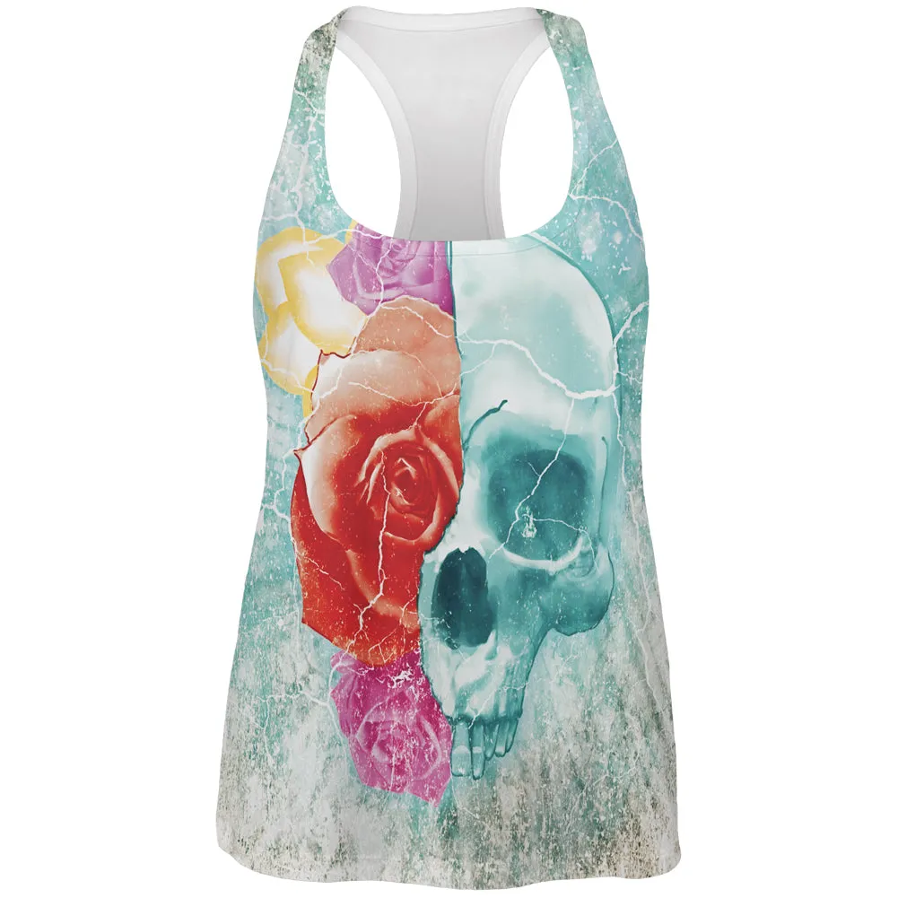 Halloween Distressed Skull and Flowers All Over Womens Work Out Tank Top sold by Old Glory