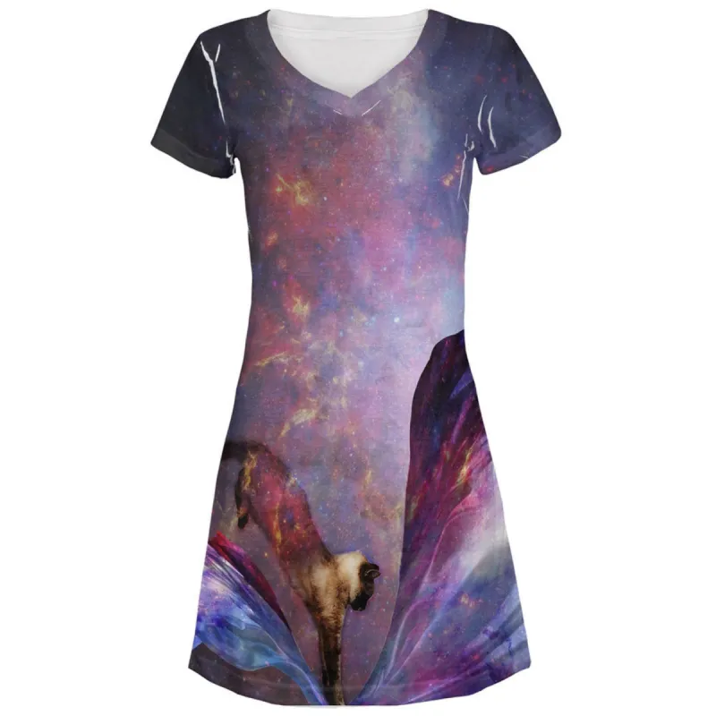 Galaxy Cat Time and Space All Over Juniors V-Neck Dress sold by Old Glory