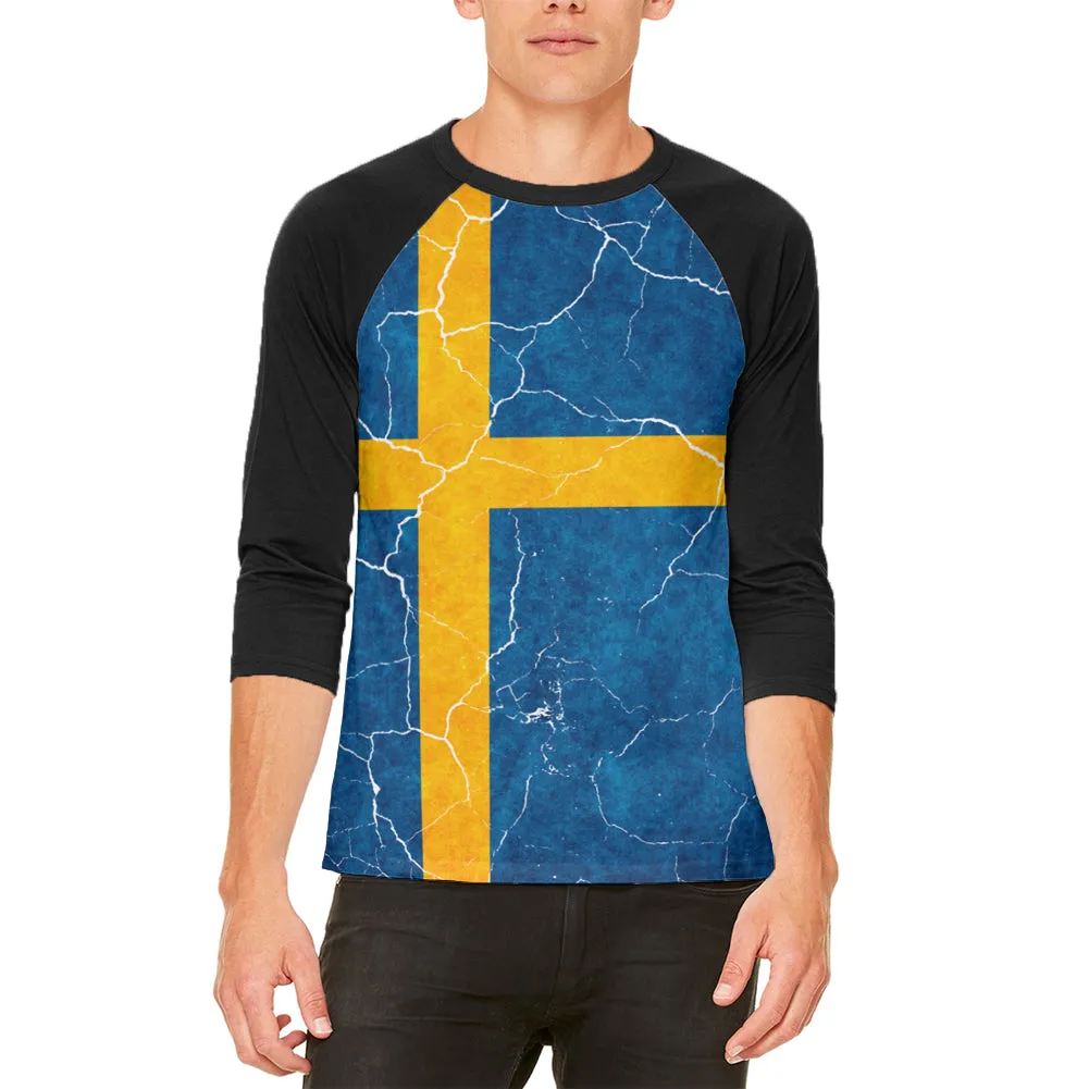 Distressed Swedish Flag Mens Raglan T Shirt sold by Old Glory
