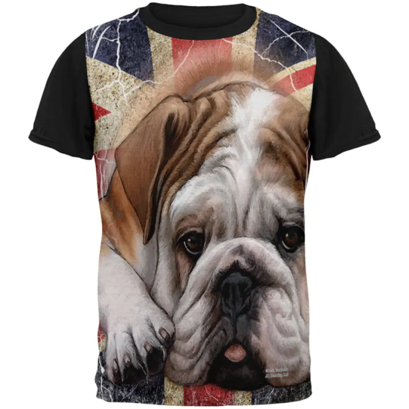 English Bulldog Union Jack Flag Live Forever All Over Mens Black Back T Shirt sold by Old Glory