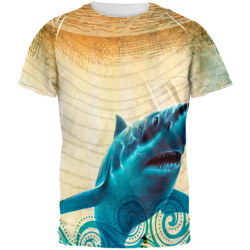 Great White Shark in Waves All Over Mens T Shirt sold by Old Glory