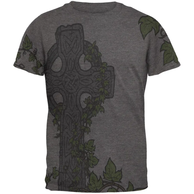 St. Patricks Day Celtic Cross Ivy All Over Charcoal Heather Adult Soft T-Shirt sold by Old Glory