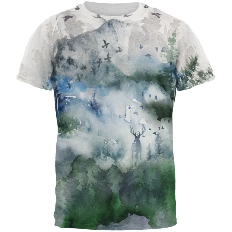 Watercolor Deer in the Mist All Over Mens T Shirt sold by Old Glory