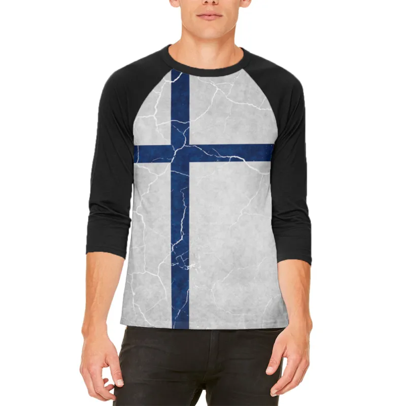 Distressed Finland Flag Mens Raglan T Shirt sold by Old Glory