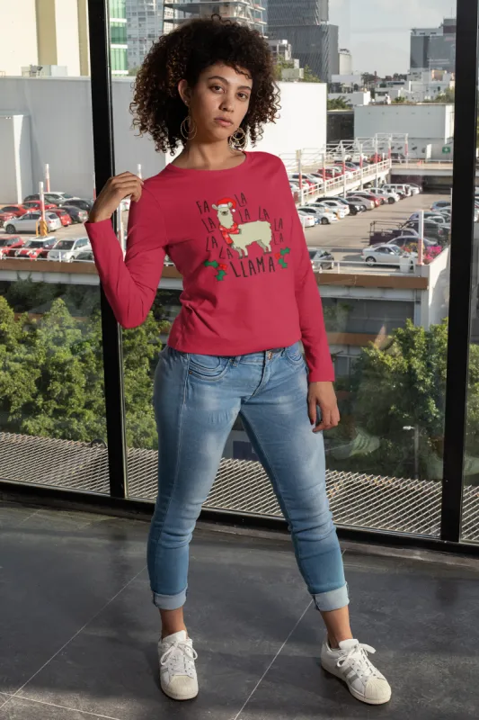Christmas Fa La Llama Womens Long Sleeve T Shirt - MD / Red sold by Old Glory