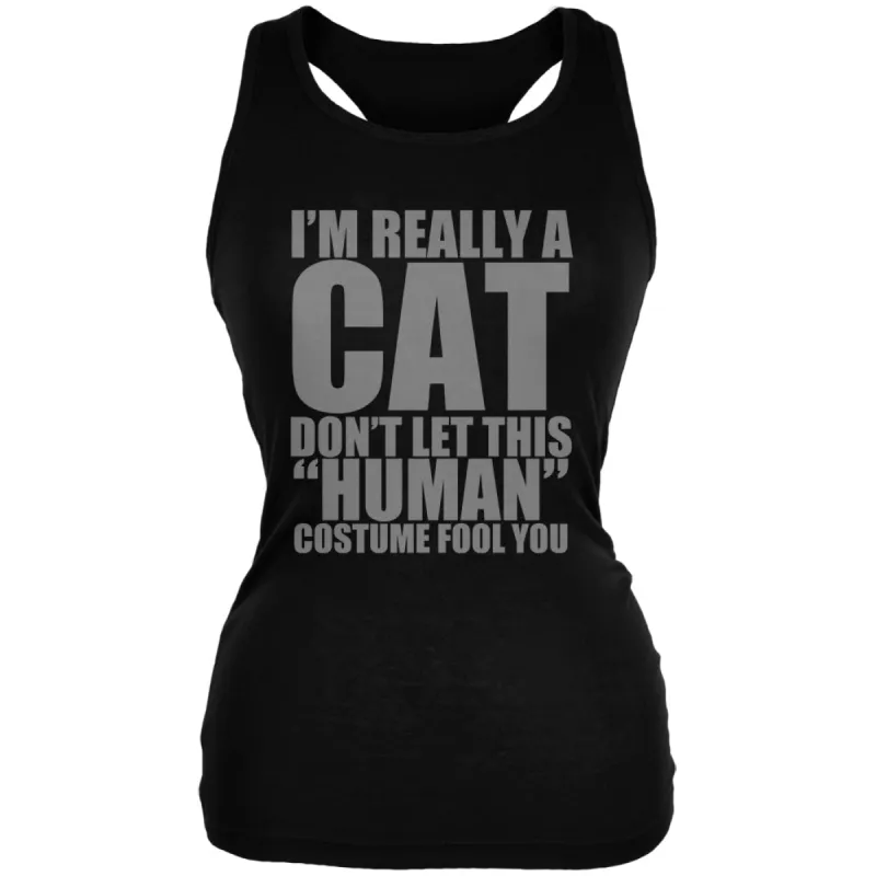 Halloween Human Cat Costume Black Juniors Soft Tank Top sold by Old Glory