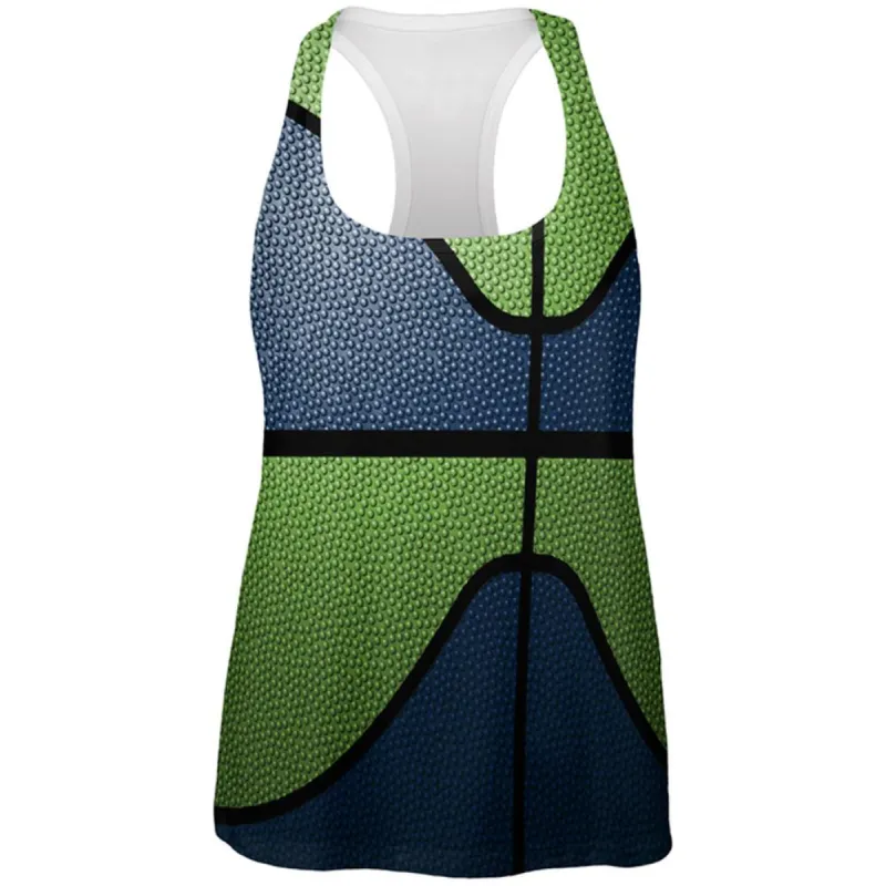 Championship Basketball Dark Blue and Electric Green All Over Womens Work Out Tank Top sold by Old Glory