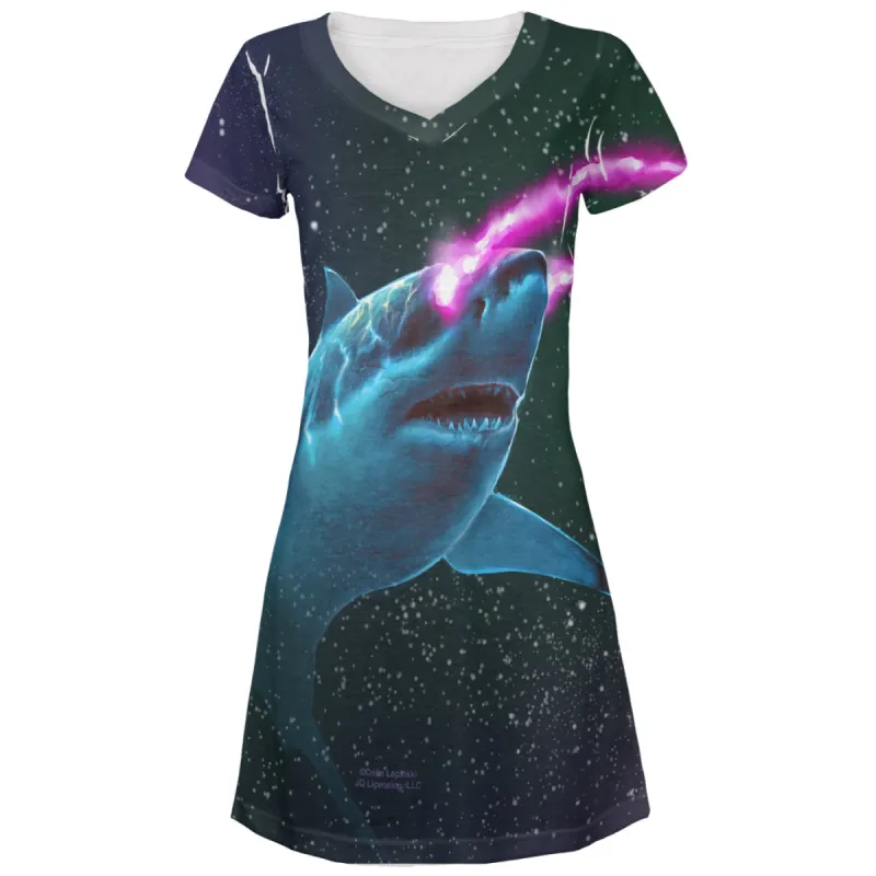 Galaxy Great White Shark Laser Beams All Over Juniors V-Neck Dress sold by Old Glory