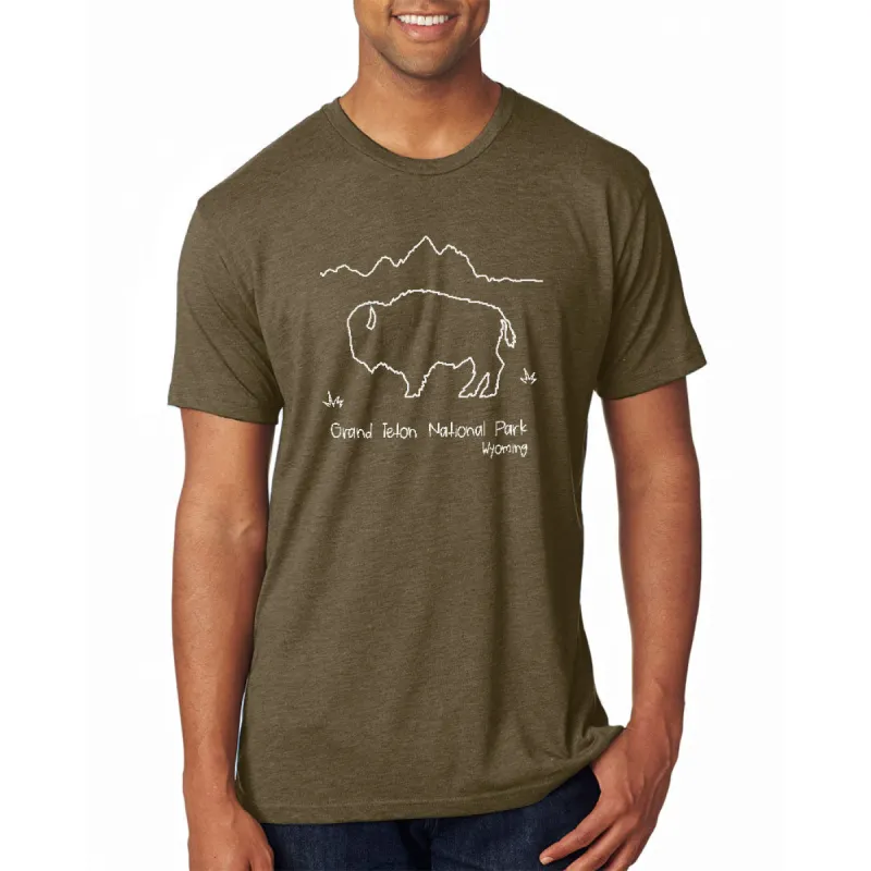 National Park Grand Teton Buffalo Mens Soft T Shirt sold by Old Glory