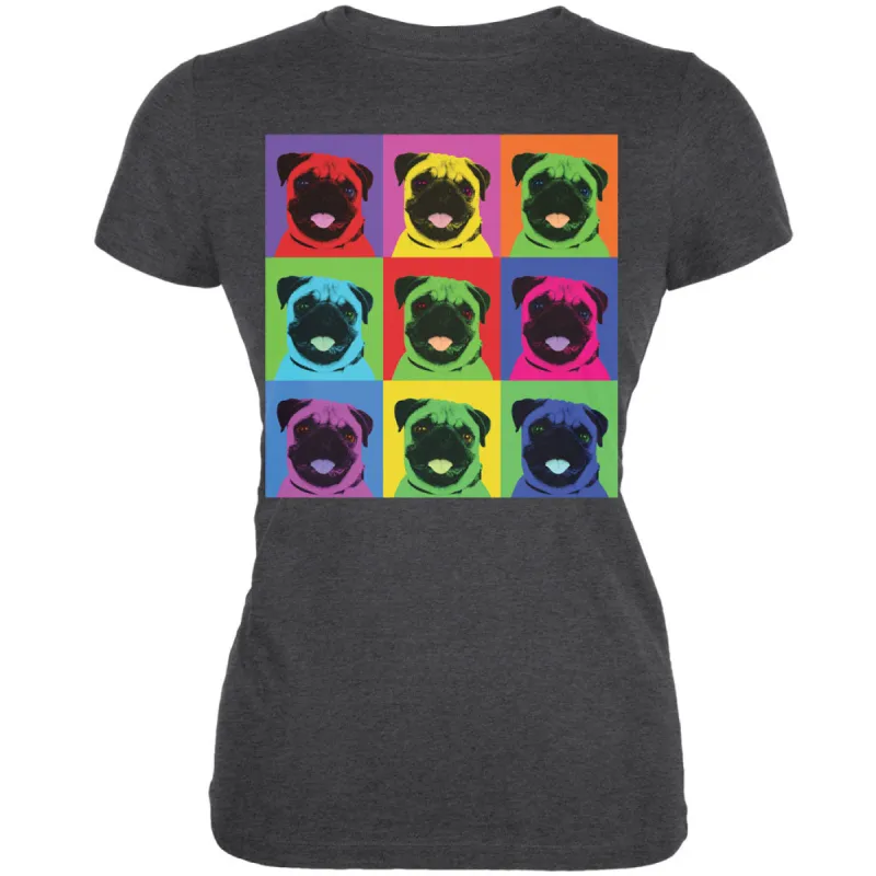 Pug Pop Art Repeating Squares Dark Heather Juniors Soft T-Shirt sold by Old Glory
